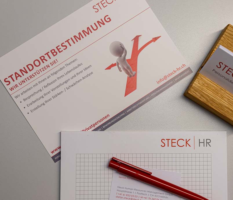 Stellenvermittlung - Stellenvermittler - Stellen­vermittlungs­büro - Stellenangebote - Personaldienstleister - Fachkräfte finden - Arbeitnehmer finden - Führungskräfte finden - Job finden - HR Beratung - Outplacement - Bewerbungen schreiben - Bewerbungscoaching - Steck HR: innovative Personalberater aus Möhlin - wir vermitteln keine Profile, wir vermitteln Menschen - jetzt beraten lassen! Job placement - Job placement agent - Job placement agency - Job vacancies - Personnel service provider - Finding skilled professionals - Finding employees - Finding executives - Finding a job - HR consulting - Outplacement - Writing applications - Application coaching - Steck HR: innovative personnel consultants from Möhlin - we don't just match profiles, we match people - get advice now!